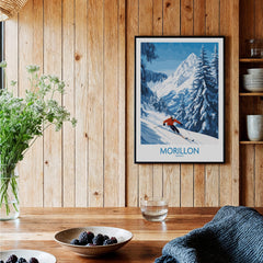 Morillon Ski Wall Art Poster featuring a skier in snowy mountains, perfect for ski enthusiasts.