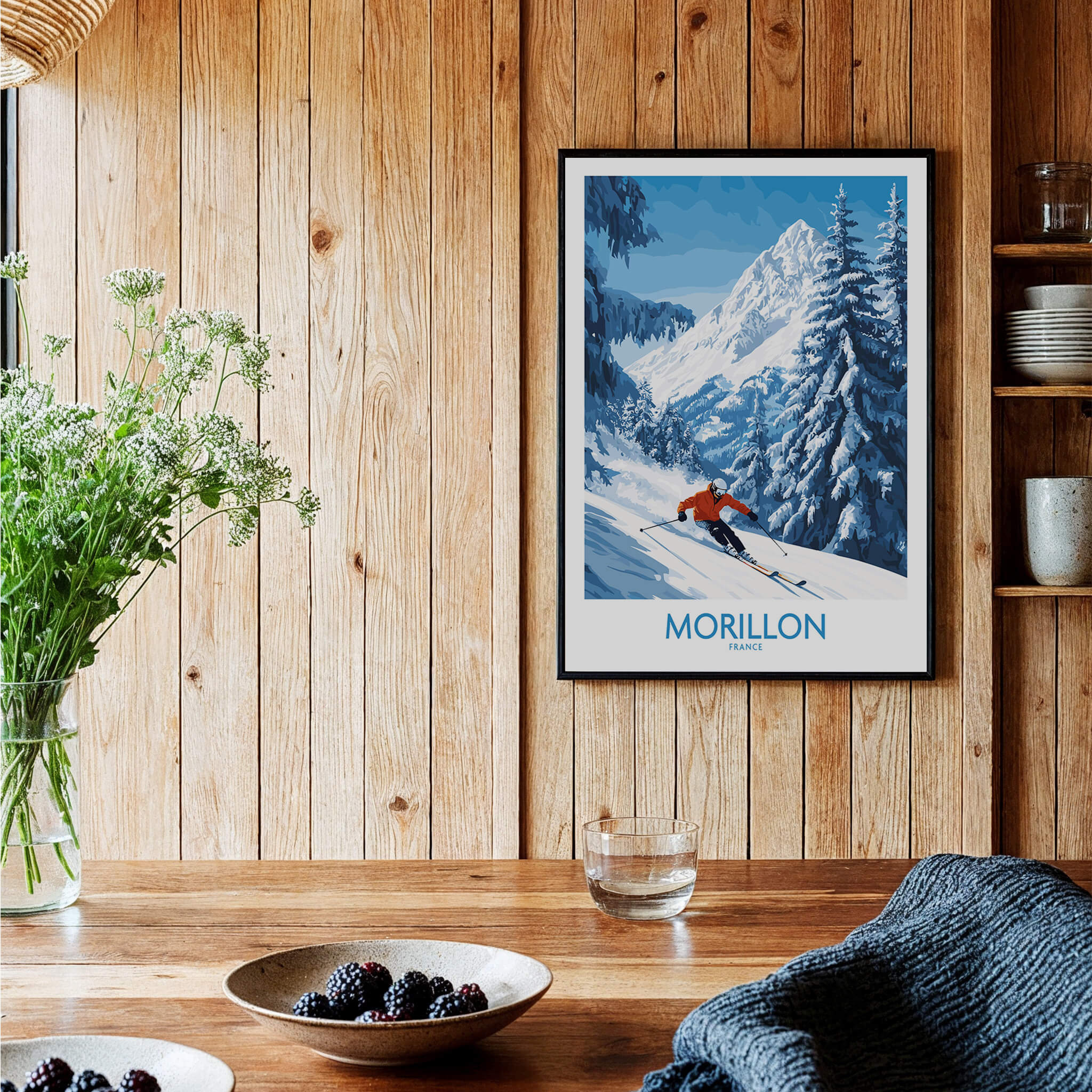 Morillon Ski Wall Art Poster featuring a skier in snowy mountains, perfect for ski enthusiasts.