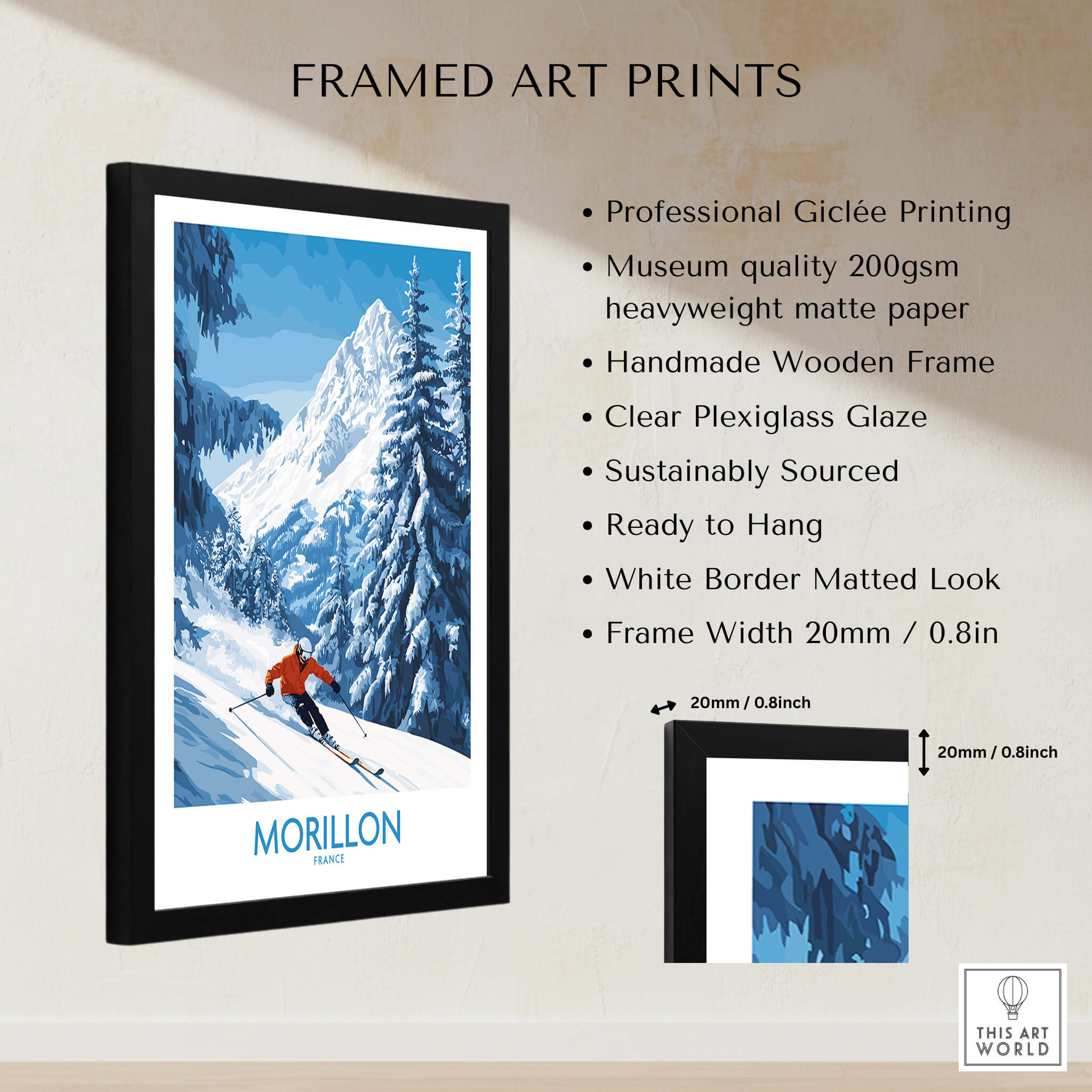 Morillon Ski Wall Art Poster framed with professional Giclée printing and clear Plexiglass glaze.