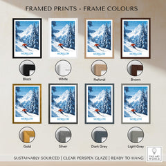 Framed Morillon Ski Wall Art Poster options showcasing various frame colors including black, white, natural, brown, gold, and silver.