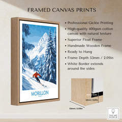 Morillon Ski Wall Art Poster framed with a natural wood finish, showcasing vibrant skiing design and ready to hang.