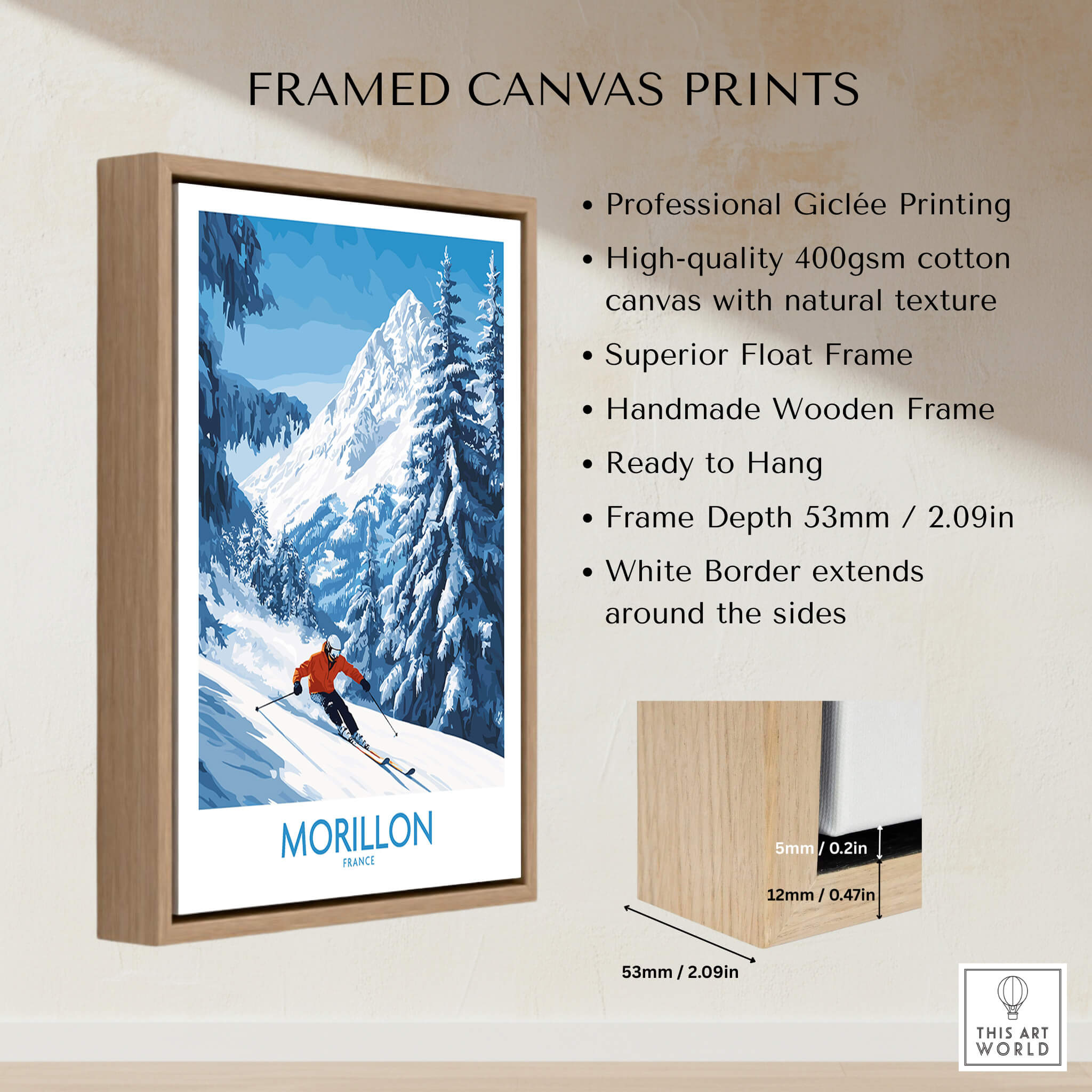 Morillon Ski Wall Art Poster framed with a natural wood finish, showcasing vibrant skiing design and ready to hang.