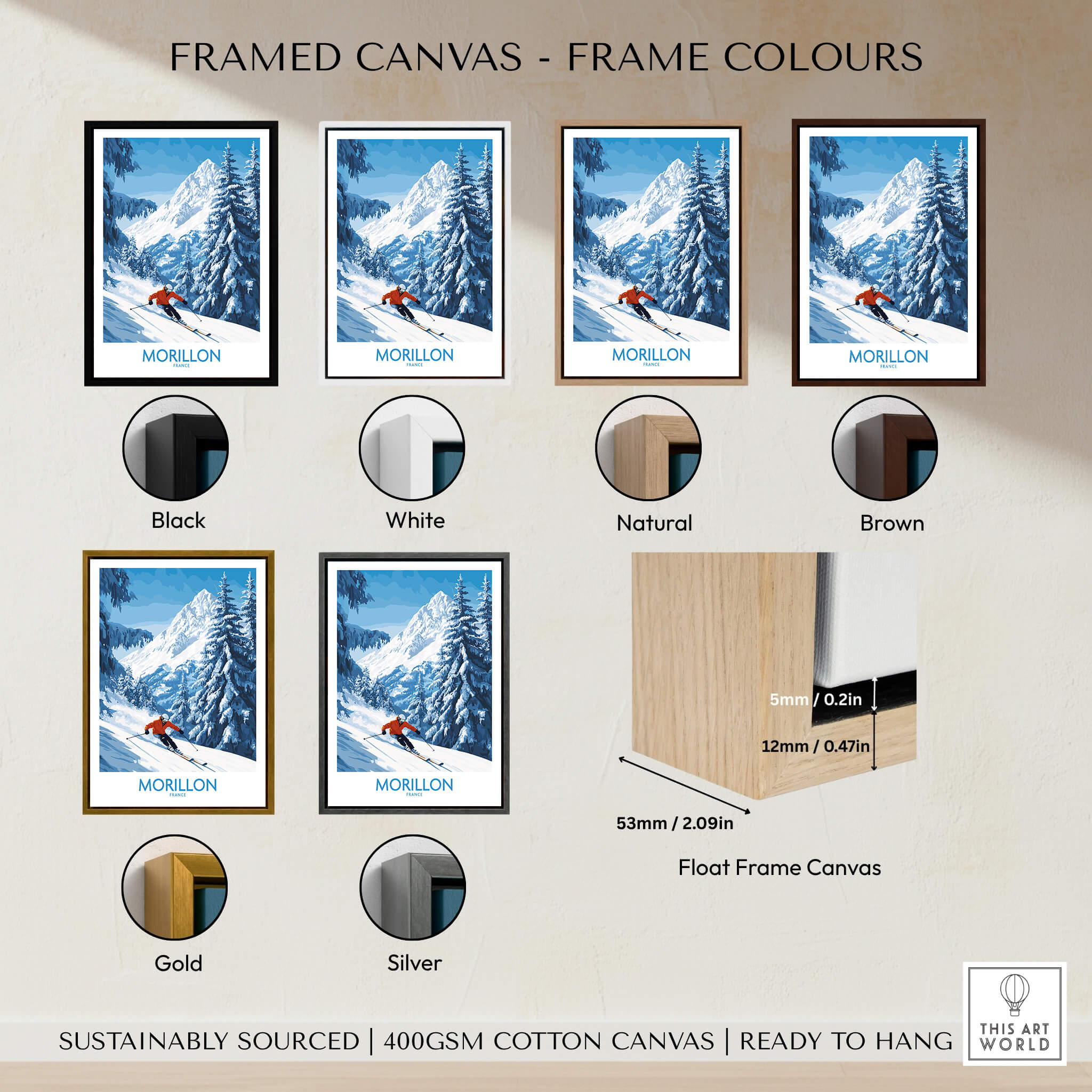 Morillon Ski Wall Art Poster displayed in various frame colors including black, white, natural, brown, gold, and silver.