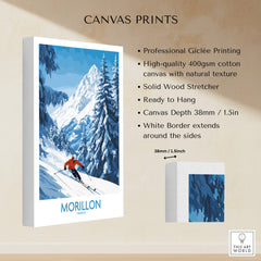Morillon Ski Wall Art Poster showcasing vibrant skiing scenery and professional Giclée printing on canvas.