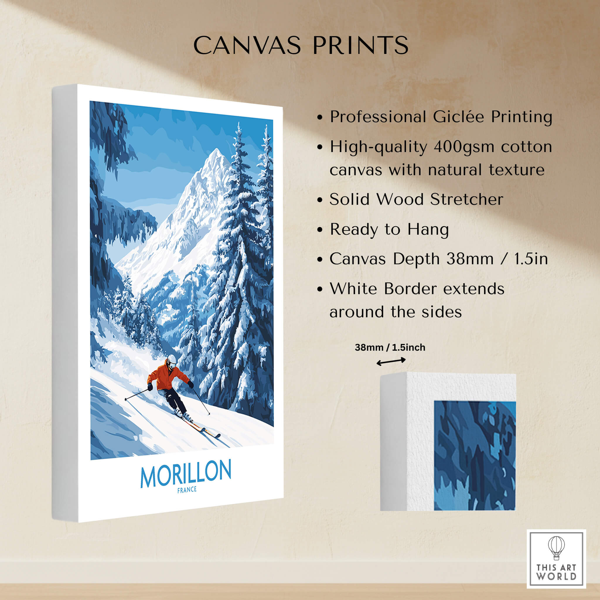 Morillon Ski Wall Art Poster showcasing vibrant skiing scenery and professional Giclée printing on canvas.