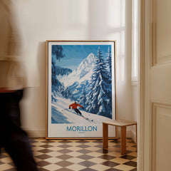 Morillon Ski Wall Art Poster showcasing a skier on snowy slopes with a mountain backdrop in a stylish room setting.