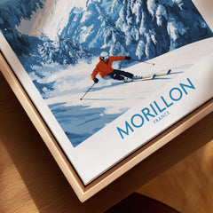 Morillon Ski Wall Art Poster featuring a skier in a snowy mountainous landscape.