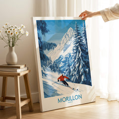 Morillon Ski Wall Art Poster featuring a skier on snow-covered mountains with a vibrant blue and white design.