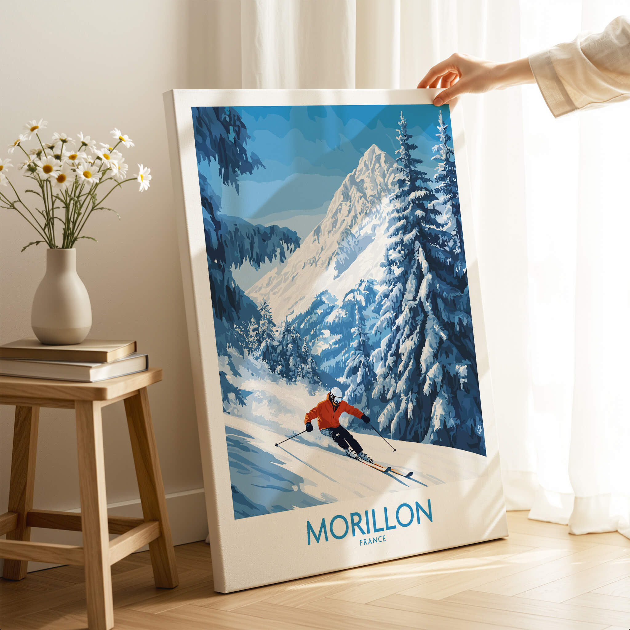 Morillon Ski Wall Art Poster featuring a skier on snow-covered mountains with a vibrant blue and white design.