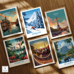 Morillon Ski Wall Art Poster among vibrant travel posters including Venice, Paris, Singapore, Barcelona, and Sri Lanka.
