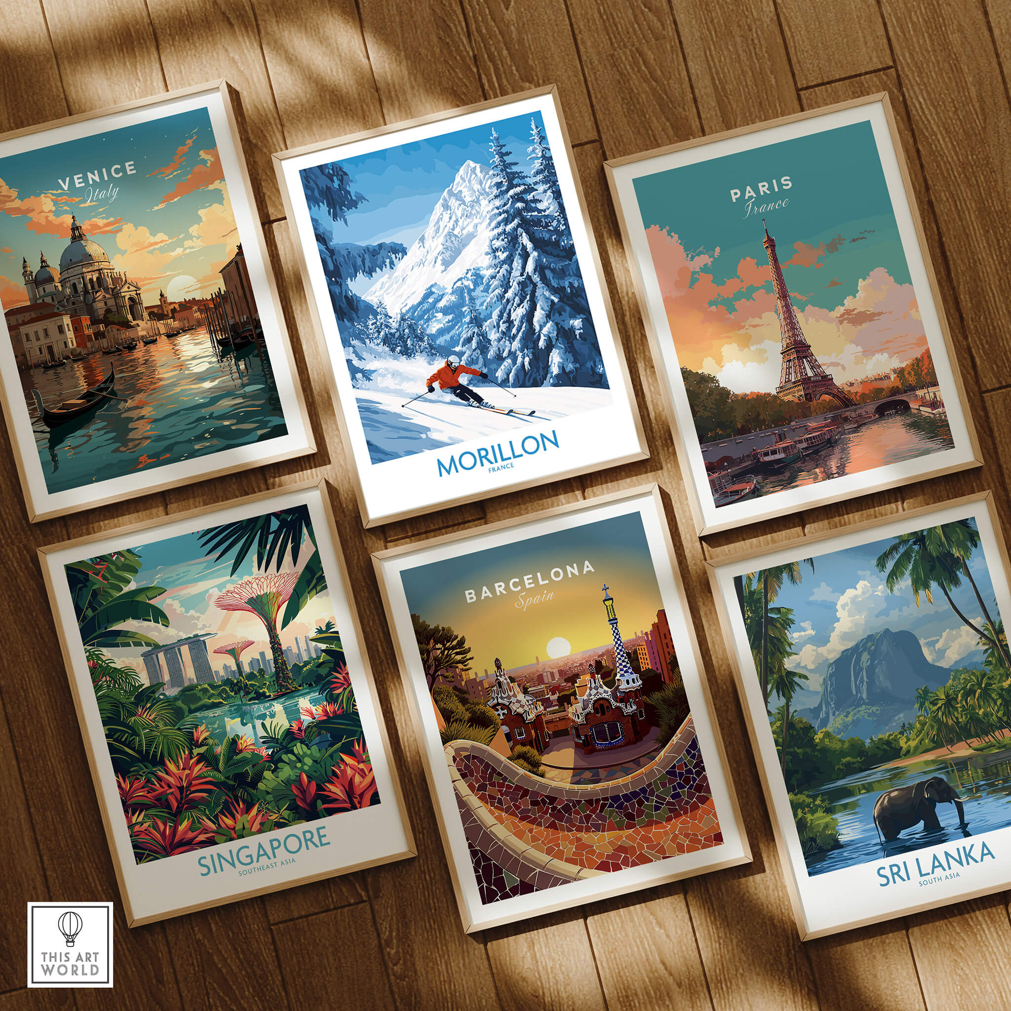 Morillon Ski Wall Art Poster among vibrant travel posters including Venice, Paris, Singapore, Barcelona, and Sri Lanka.