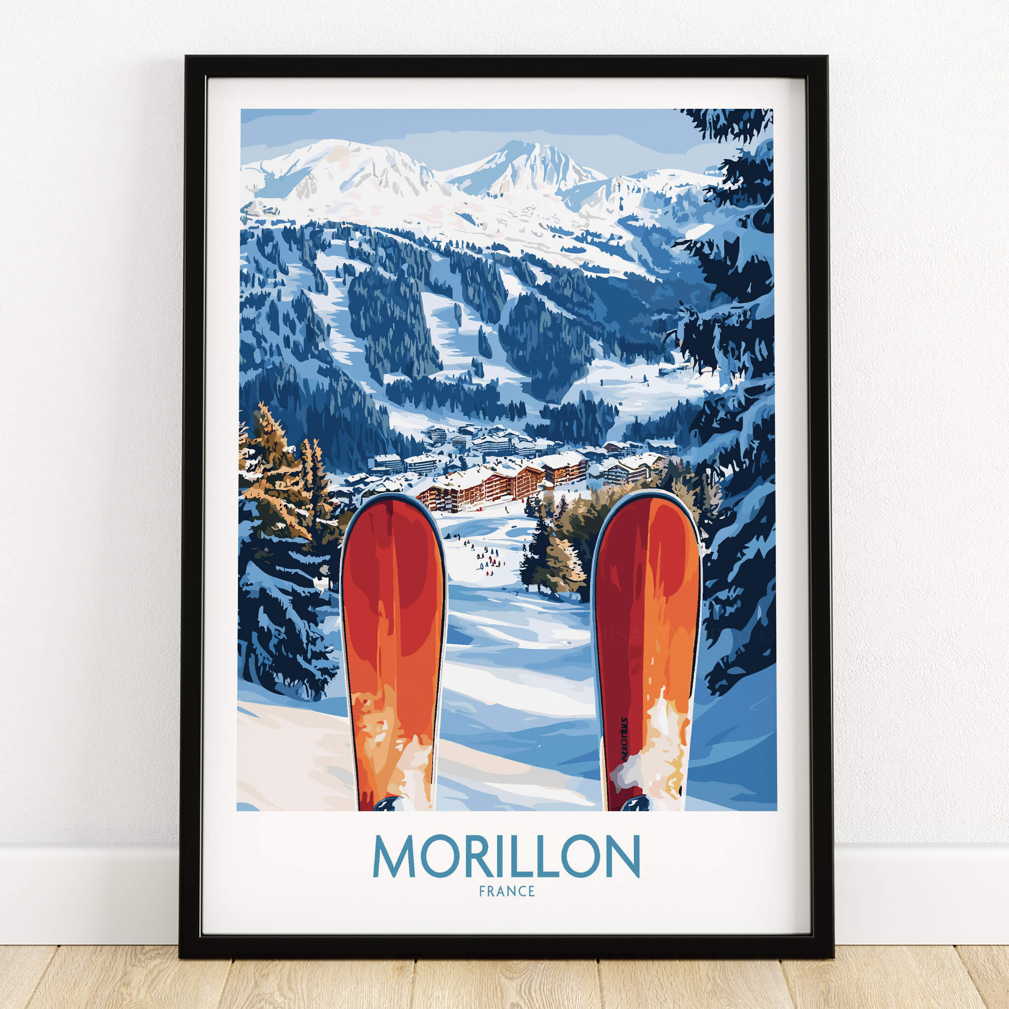 Ski Poster Morillon France showcasing breathtaking snow-covered slopes and vibrant ski gear.