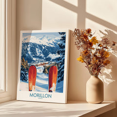 Ski Poster Morillon France featuring stunning slopes and colorful skis, perfect for winter sports lovers.