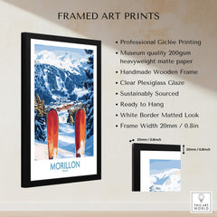Ski Poster Morillon France framed art print showcasing snowy slopes and ski gear, perfect for winter sports lovers.