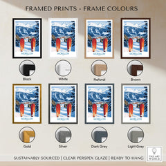 Framed prints of Ski Poster Morillon France in various frame colors including black, white, natural, brown, gold, silver, dark grey, and light grey.