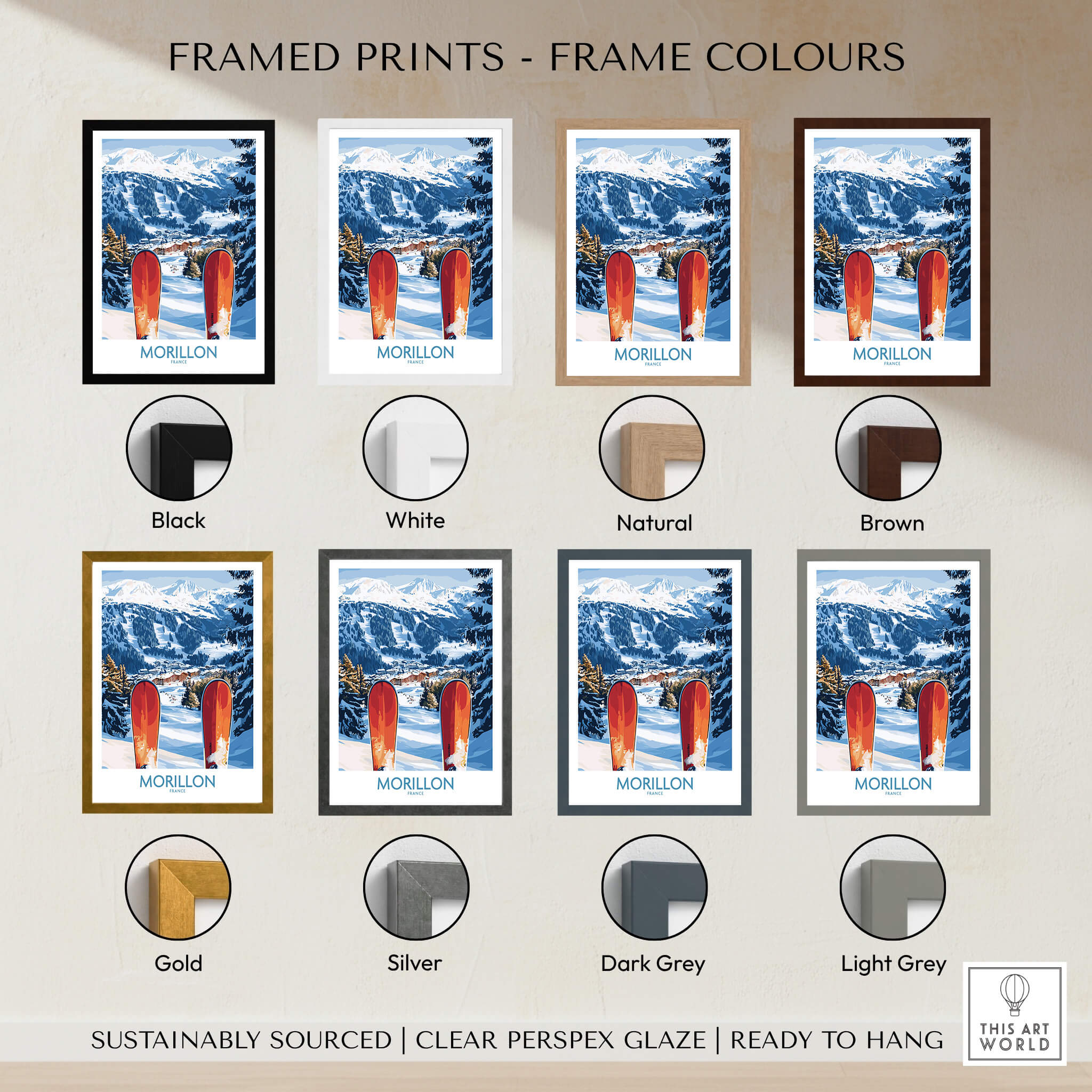 Framed prints of Ski Poster Morillon France in various frame colors including black, white, natural, brown, gold, silver, dark grey, and light grey.