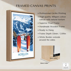 Framed canvas print featuring Ski Poster Morillon France with snowy mountains and ski equipment.