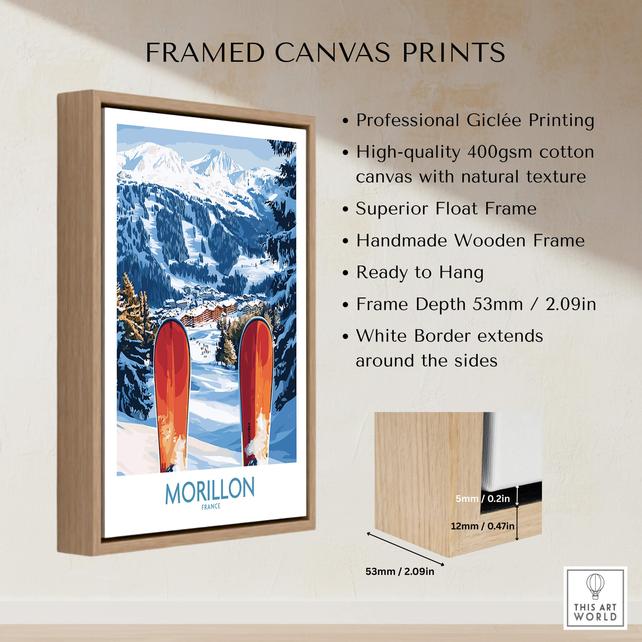 Framed canvas print featuring Ski Poster Morillon France with snowy mountains and ski equipment.