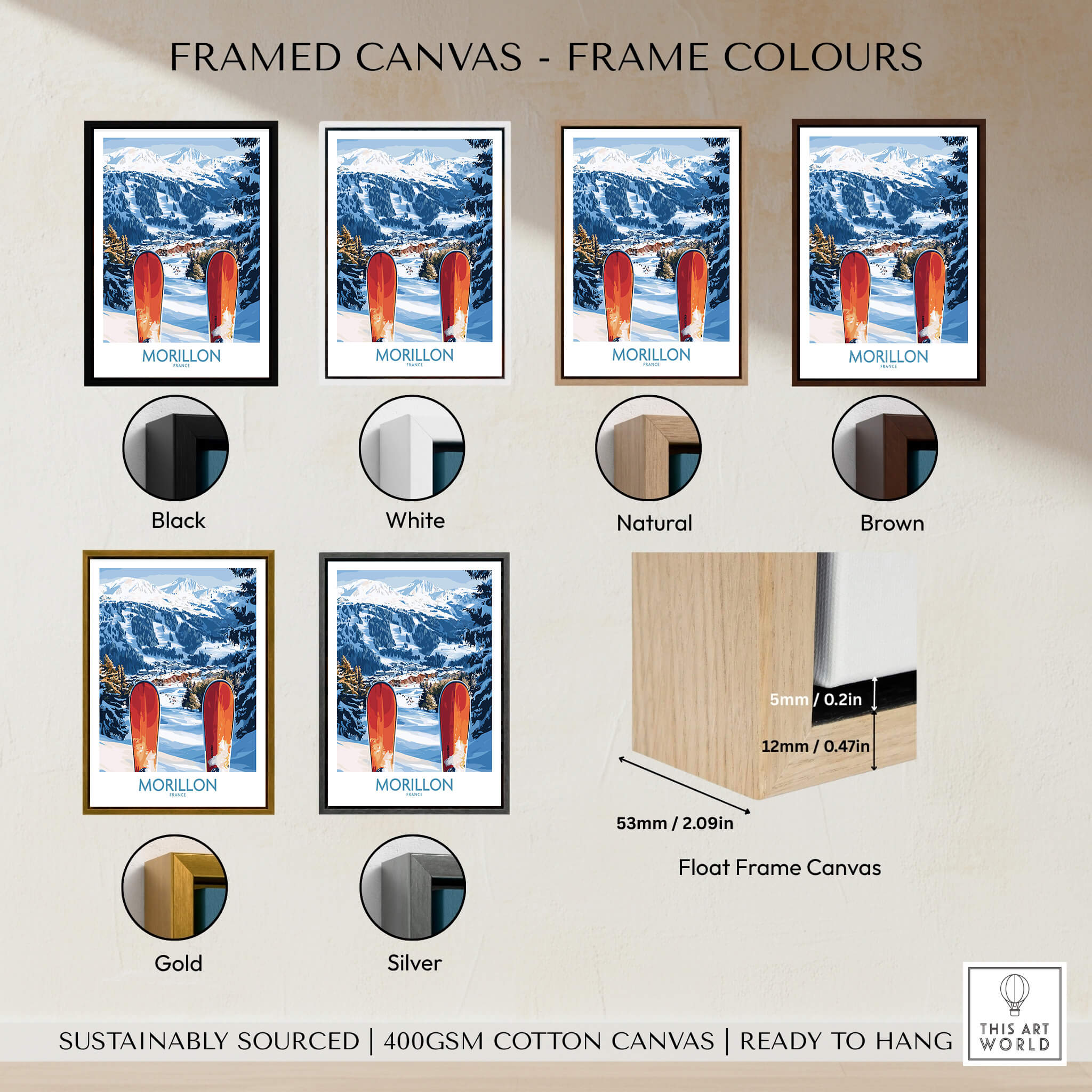 Framed canvas options for Ski Poster Morillon France featuring various frame colors like black, white, natural, brown, gold, and silver.