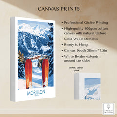 Ski Poster Morillon France showcasing snow-covered slopes and ski equipment with a beautiful winter backdrop.