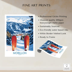 Ski Poster Morillon France showcasing stunning snowy slopes and vibrant ski equipment.