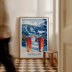 Ski Poster Morillon France showcasing snow-covered slopes and ski gear in a cozy home setting.