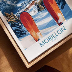 Ski Poster Morillon France featuring vibrant snowboards in a stunning winter landscape.