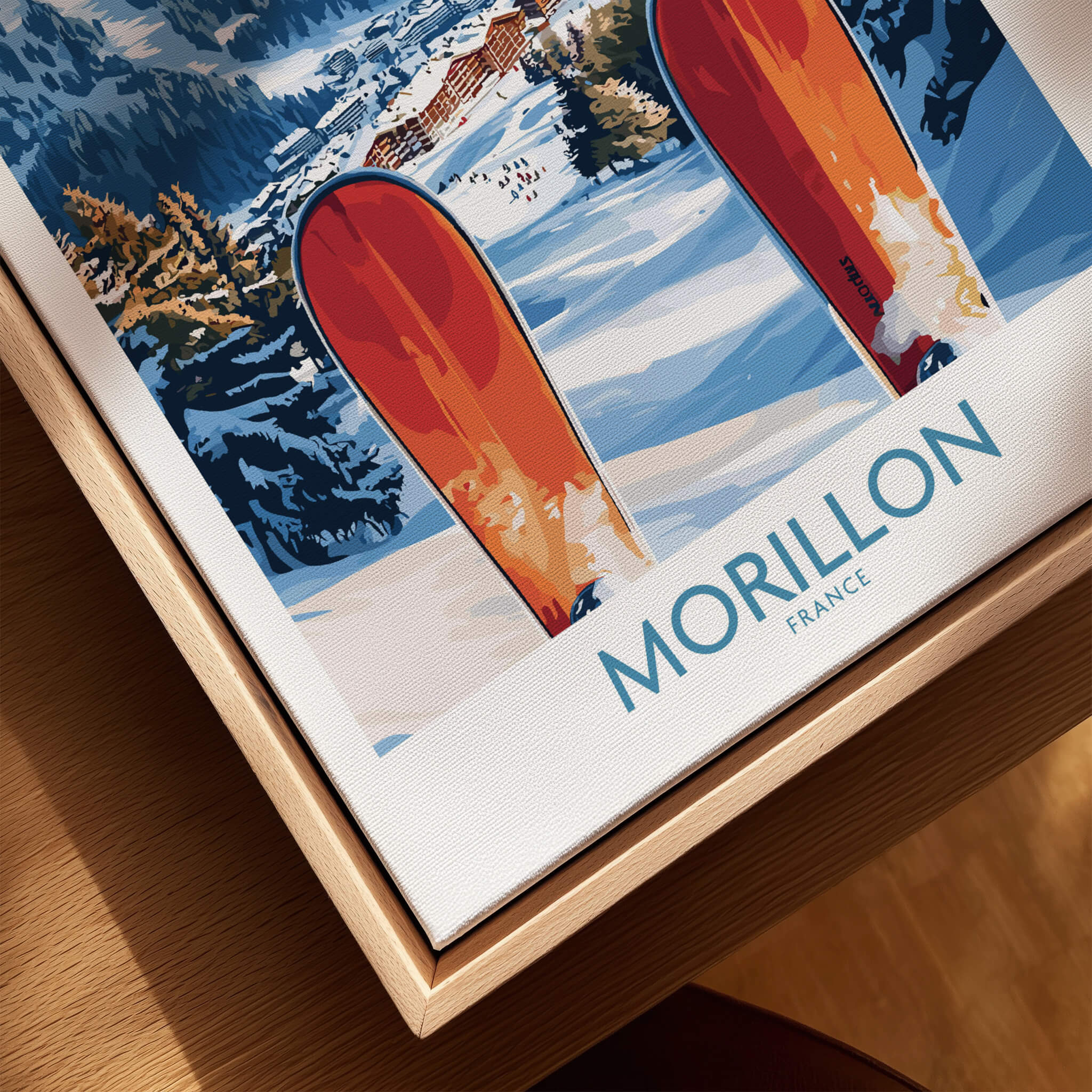 Ski Poster Morillon France featuring vibrant snowboards in a stunning winter landscape.