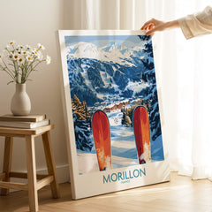 Ski Poster Morillon France showcasing stunning snow-covered slopes and vibrant ski equipment.