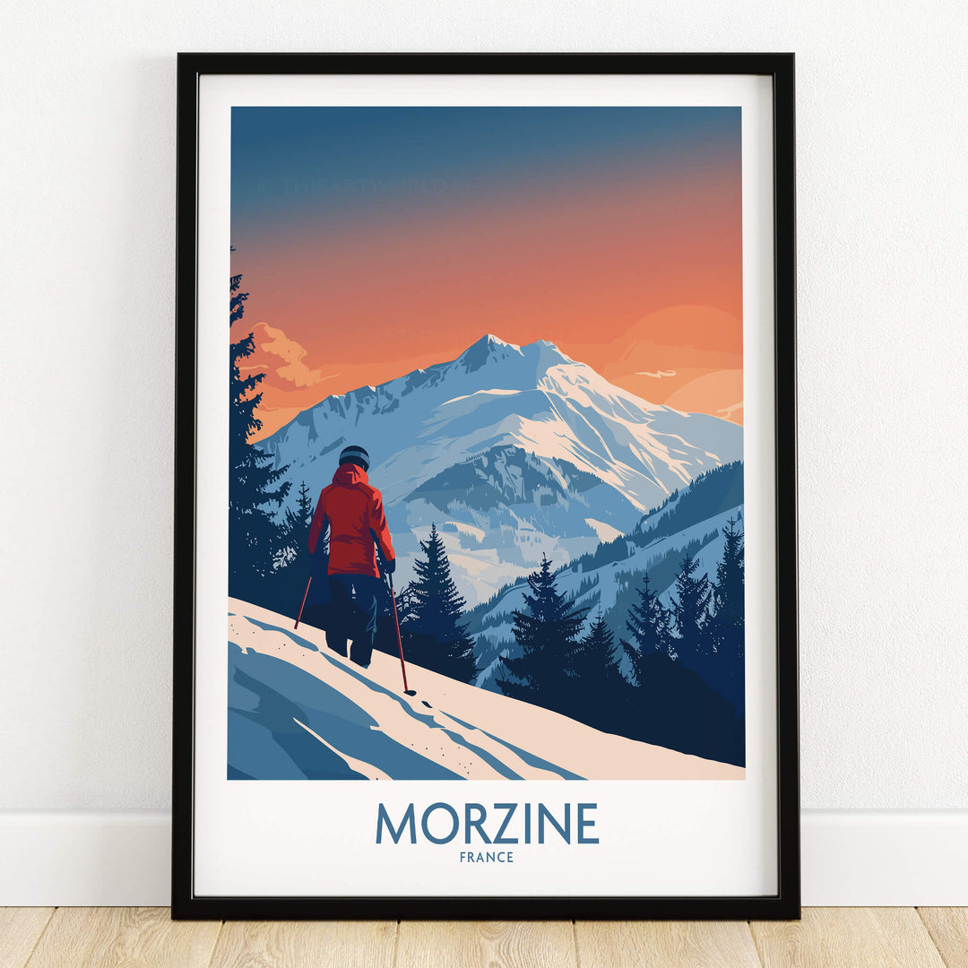 Morzine Ski Print -  France featuring a skier in the scenic French Alps at sunset, framed wall art.