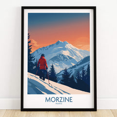 Morzine Ski Print -  France featuring a skier in the scenic French Alps at sunset, framed wall art.