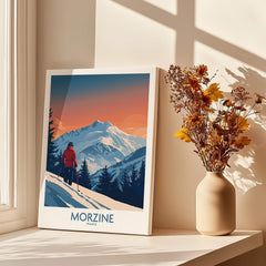 Morzine Ski Print -  France featuring a skier against a vibrant mountain backdrop and warm sunset colors.