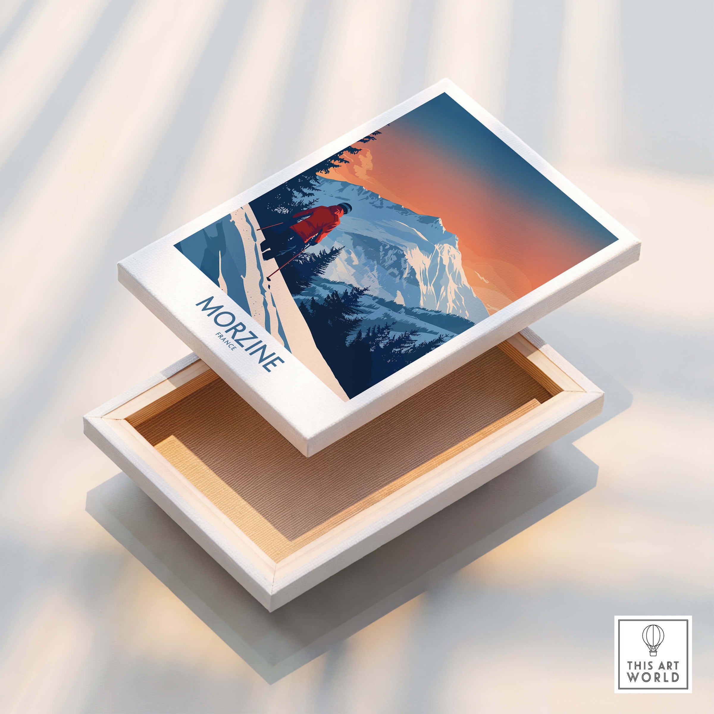 Morzine Ski Print - France displayed on a white box showcasing the beauty of the French Alps.