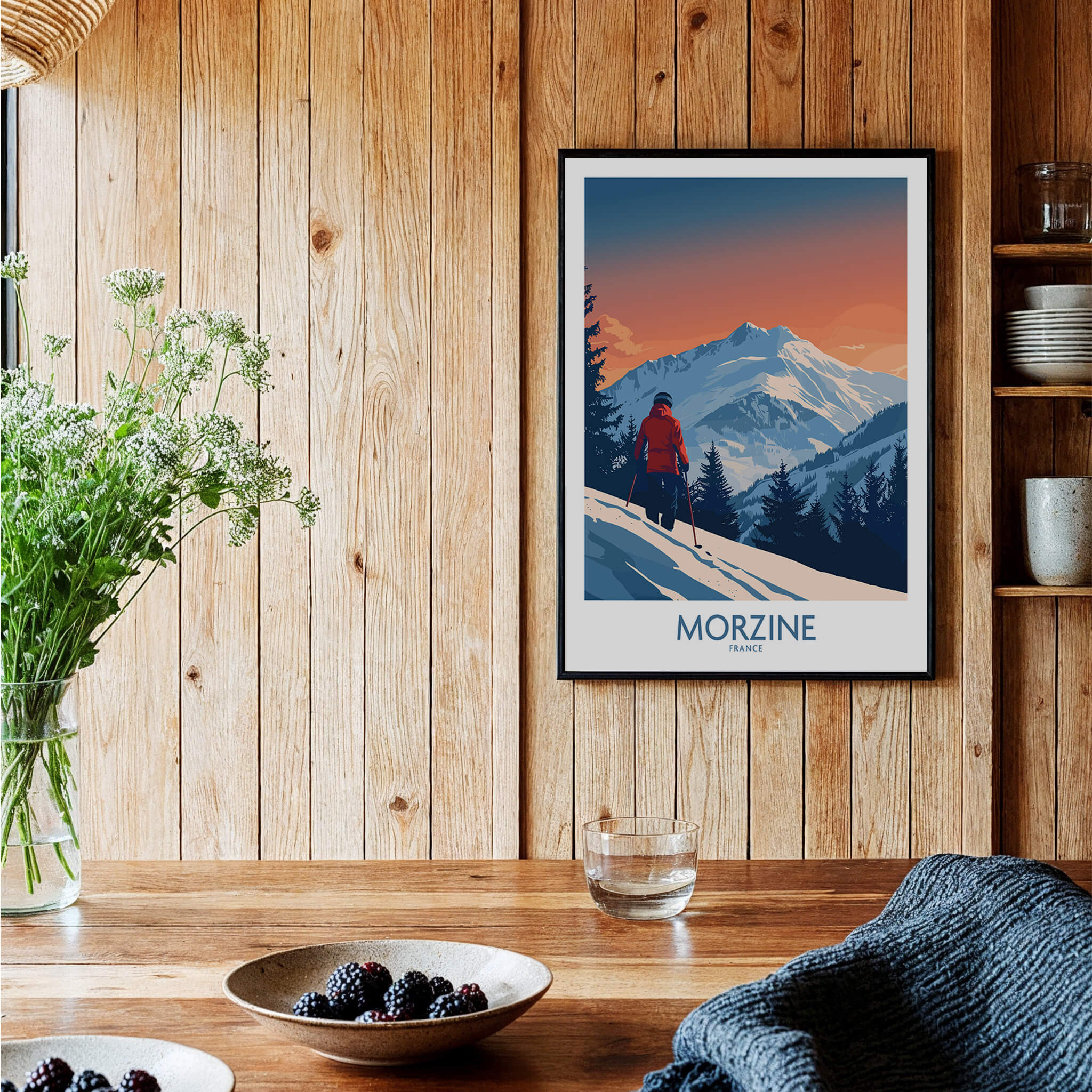 Morzine Ski Print -  France displayed in a wooden interior with mountains and skier illustration.