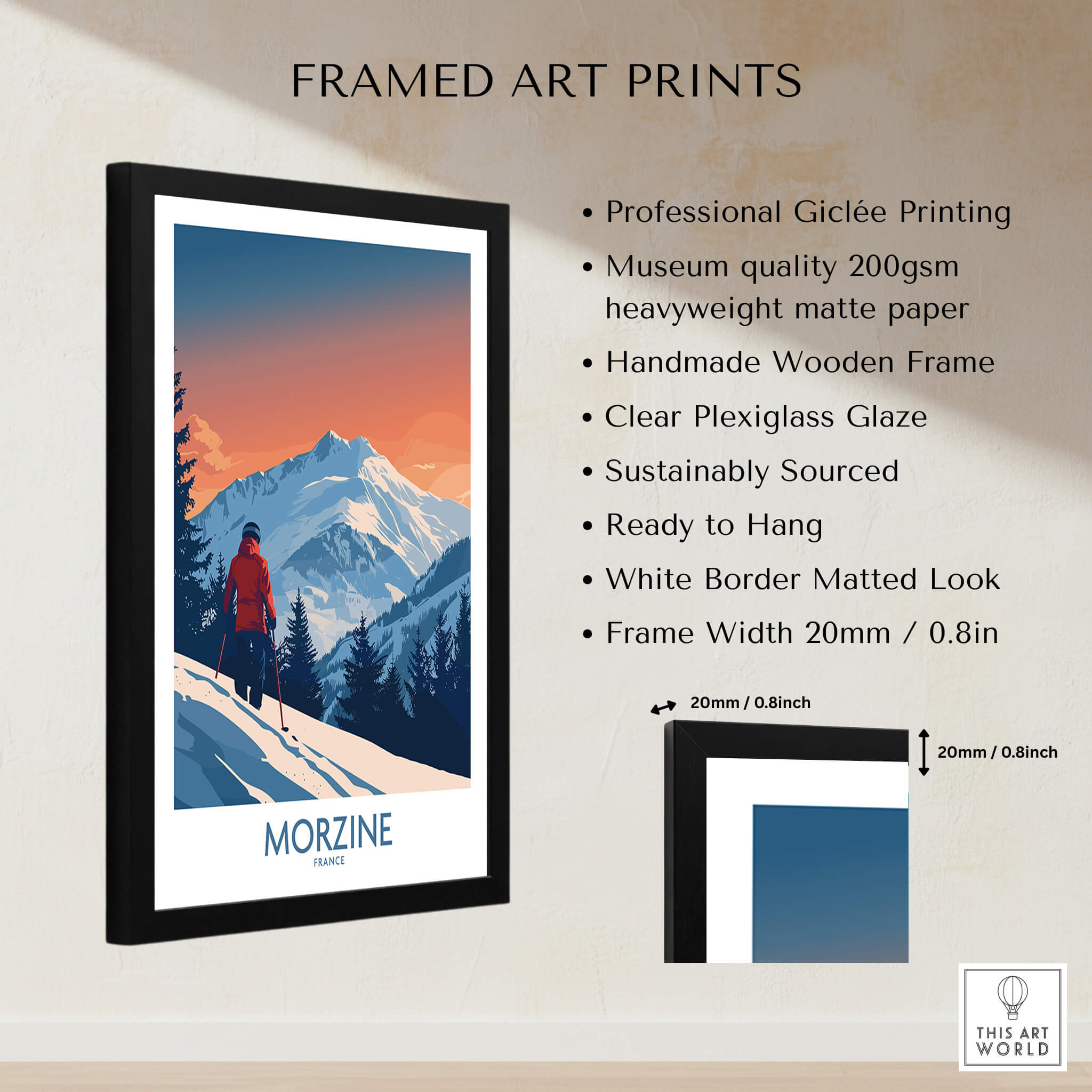 Morzine Ski Print - France framed art print showcasing the beauty of the French Alps with vibrant colors and details.