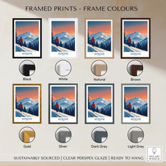 Morzine Ski Print - France framed in various colors including black, white, natural, brown, gold, silver, dark grey, and light grey.
