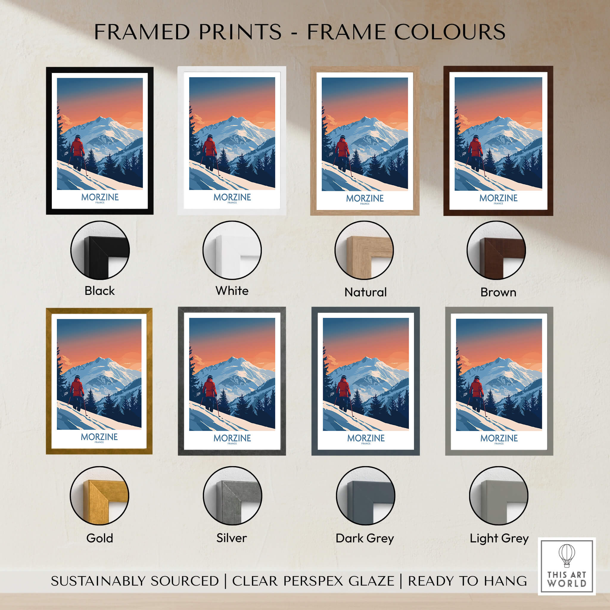 Morzine Ski Print - France framed in various colors including black, white, natural, brown, gold, silver, dark grey, and light grey.
