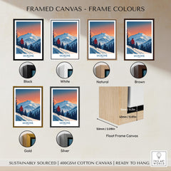 Morzine Ski Print - France framed canvas options in various colors including black, white, natural, brown, gold, and silver.