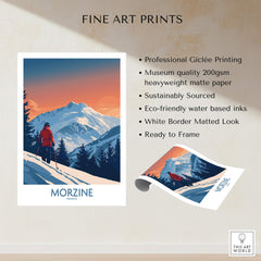 Morzine Ski Print - France showcasing vibrant Alpine ski scene with professional Giclée printing and eco-friendly materials.