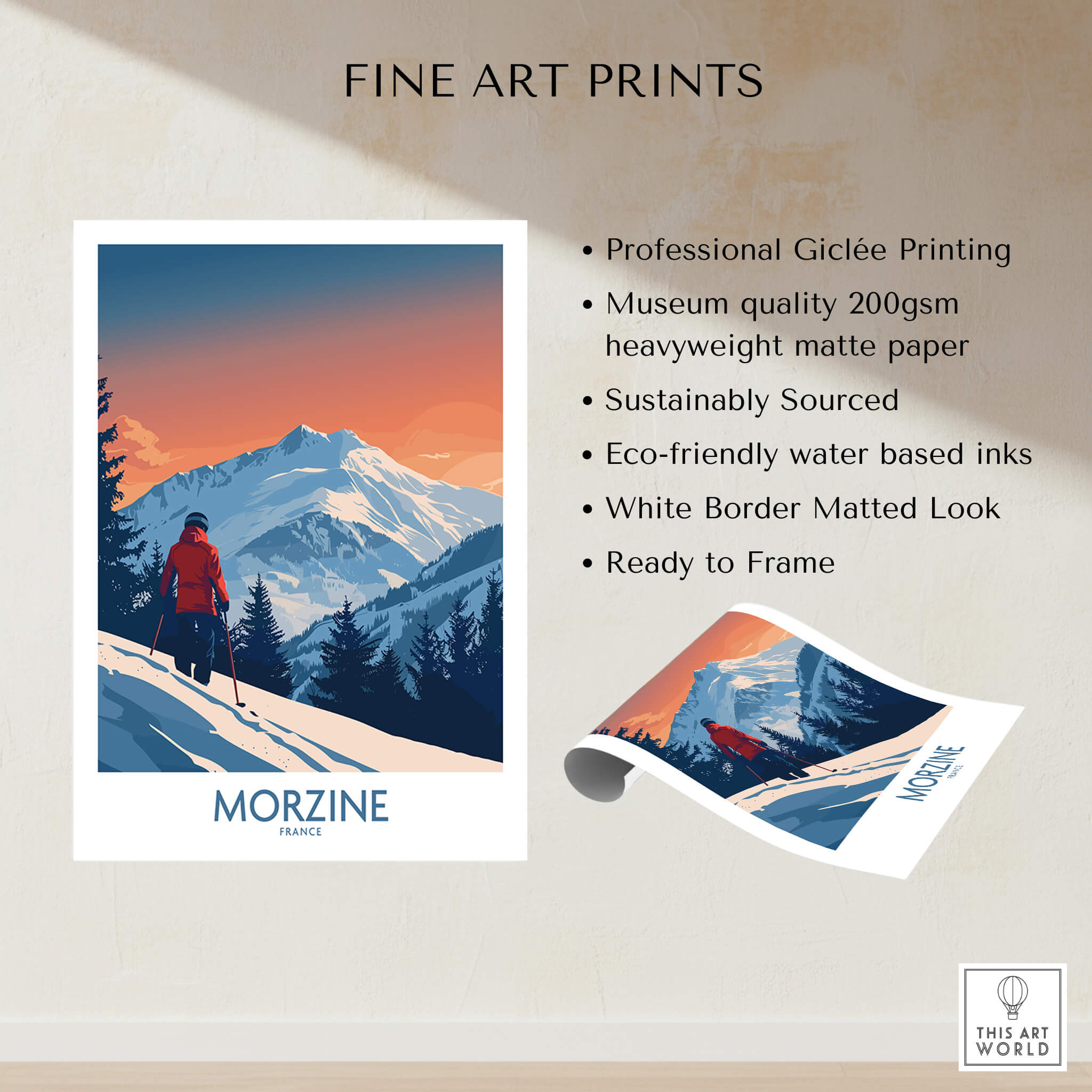 Morzine Ski Print - France showcasing vibrant Alpine ski scene with professional Giclée printing and eco-friendly materials.