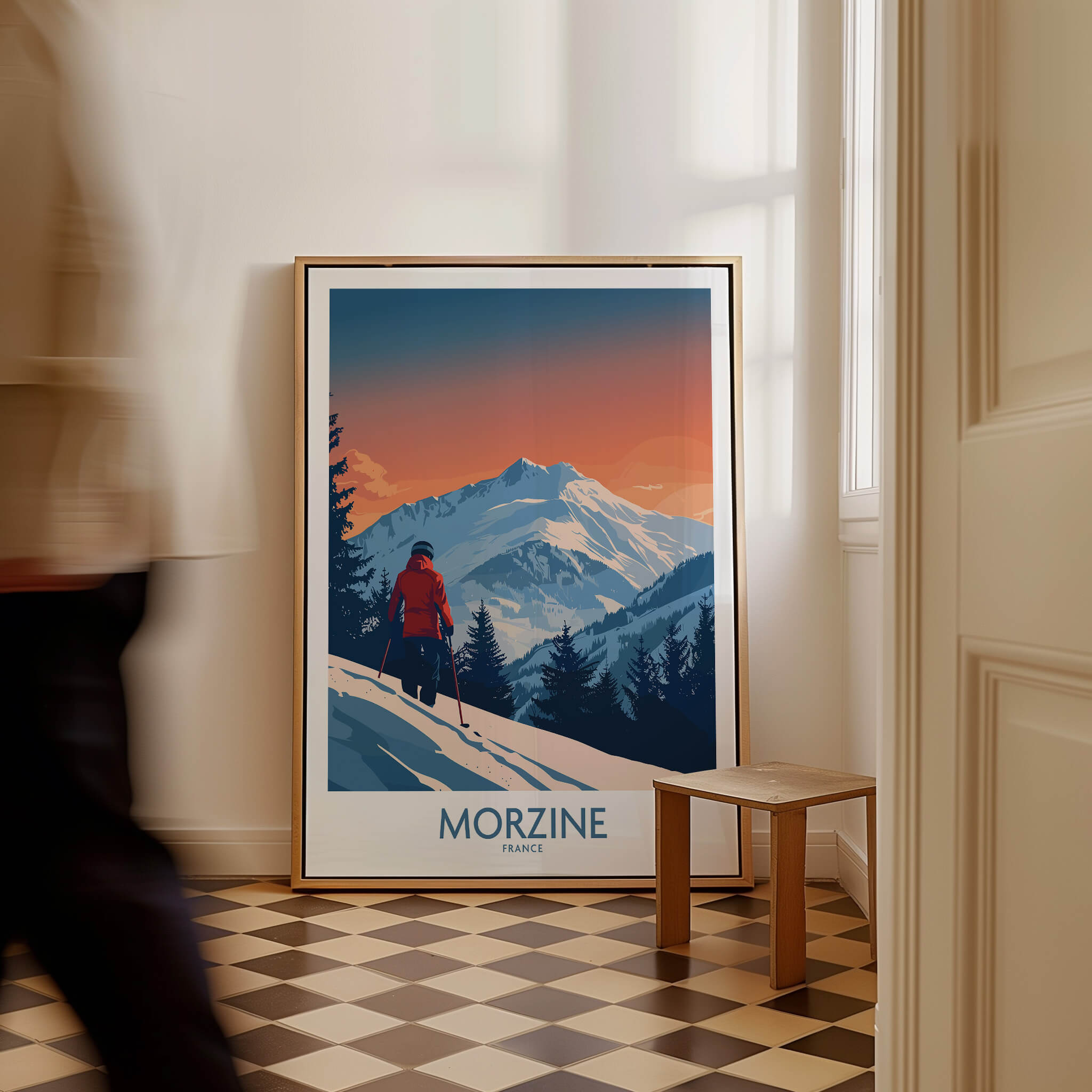 Morzine Ski Print -  France showcasing a skier against the backdrop of stunning mountain scenery.
