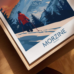 Morzine Ski Print - France showcasing a skier in vibrant colors against a stunning mountain backdrop.