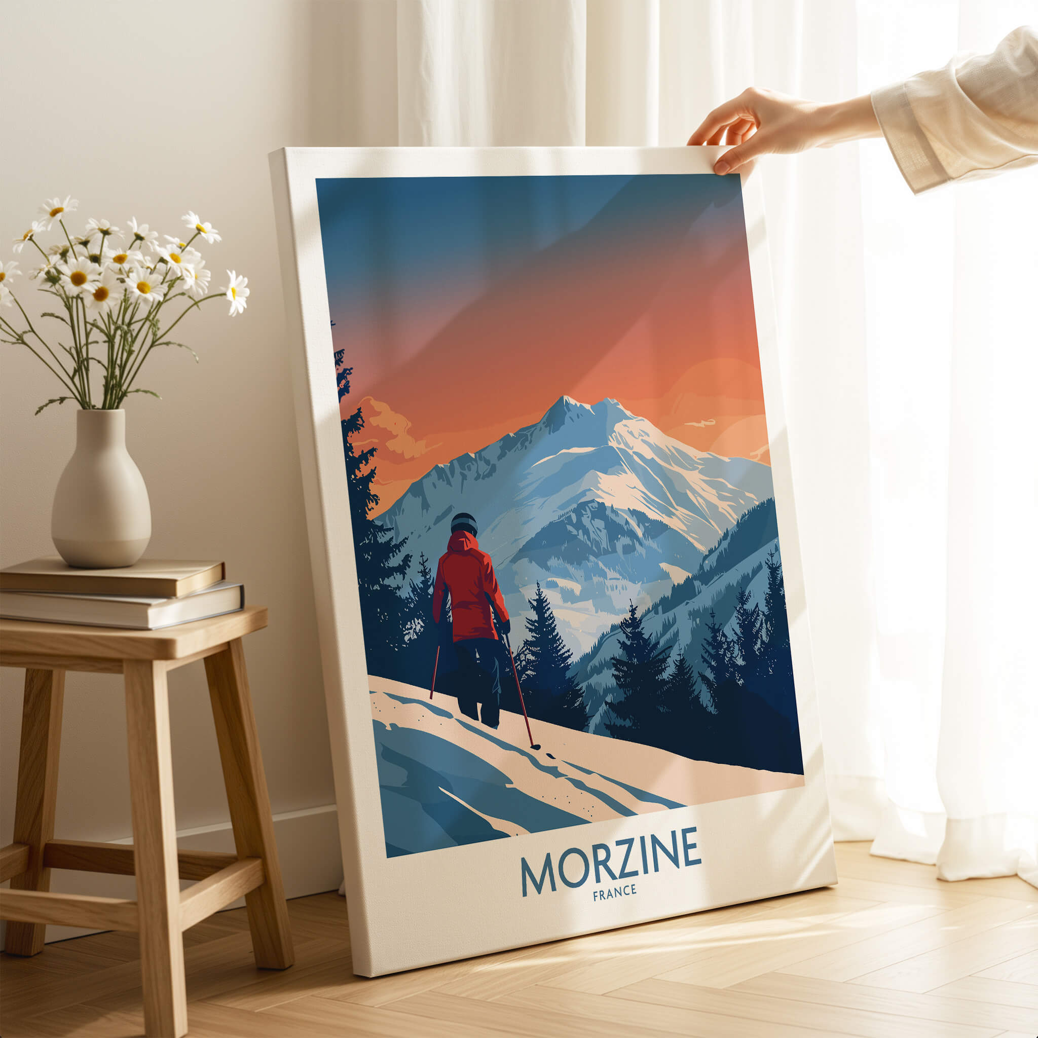 Morzine Ski Print -  France showcasing a skier in the scenic French Alps at sunset.