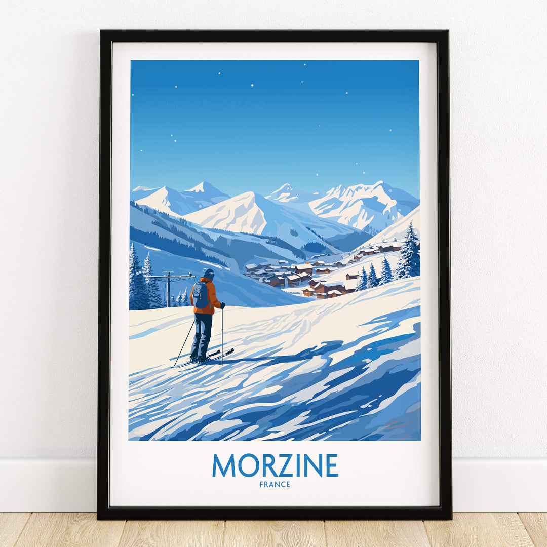 Morzine Wall Art showcasing a skier in snow-covered mountains, capturing the adventure of the Morzine ski slopes.