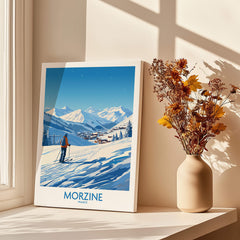 Morzine Wall Art featuring a skier in the beautiful Morzine mountains, perfect for ski enthusiasts.