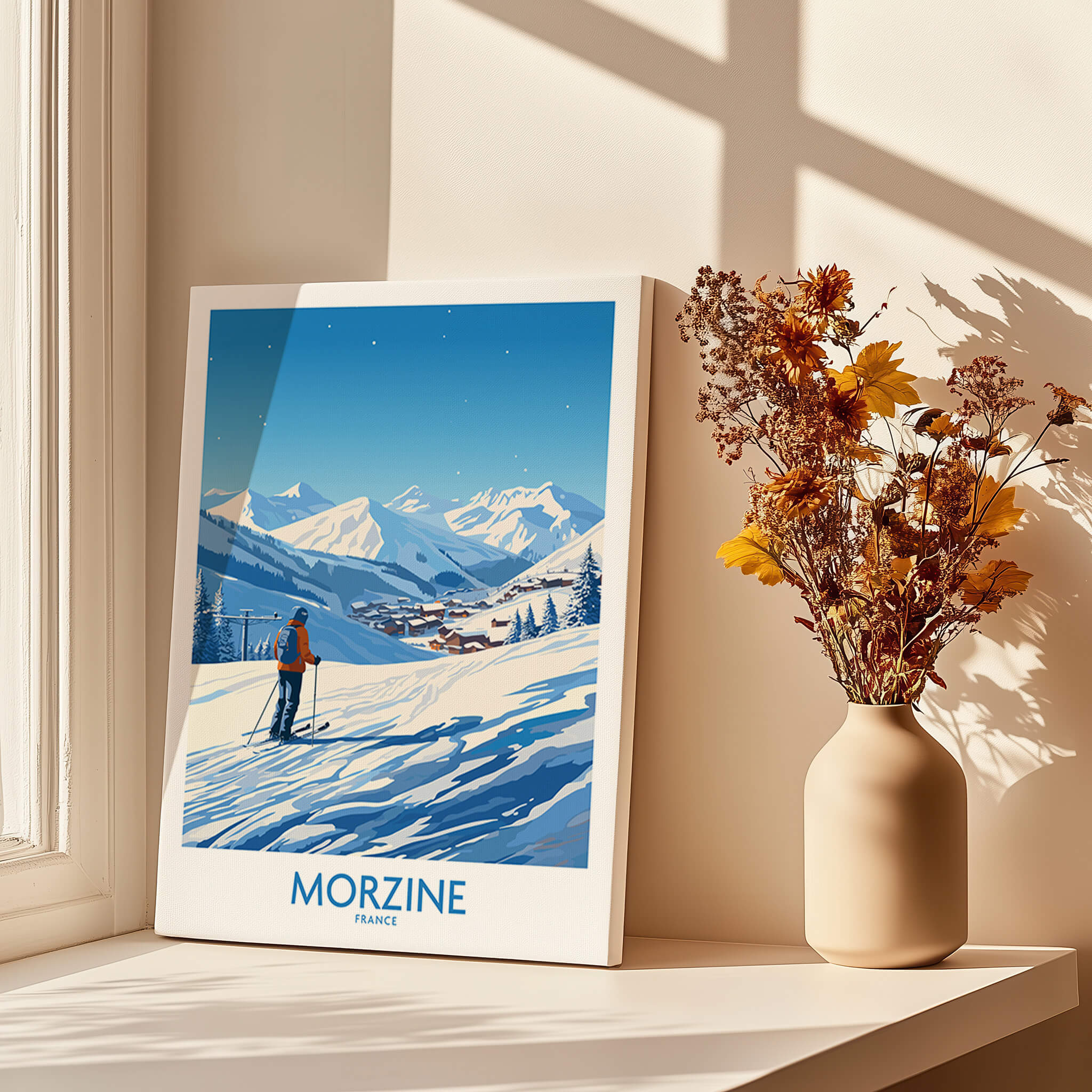 Morzine Wall Art featuring a skier in the beautiful Morzine mountains, perfect for ski enthusiasts.