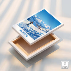 Morzine Wall Art featuring a skier on snowy slopes with mountains in the background, perfect for ski enthusiasts.