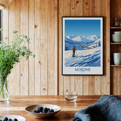 Morzine Wall Art featuring a stunning ski poster on a wooden wall, showcasing the beauty of Morzine's slopes.