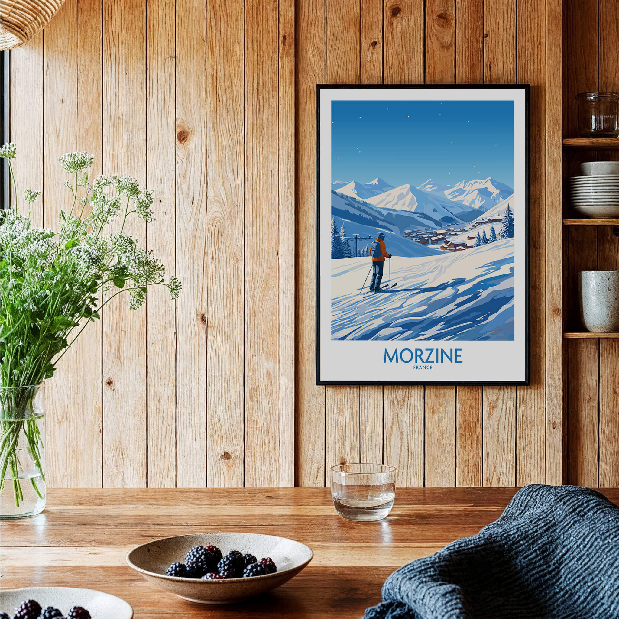 Morzine Wall Art featuring a stunning ski poster on a wooden wall, showcasing the beauty of Morzine's slopes.
