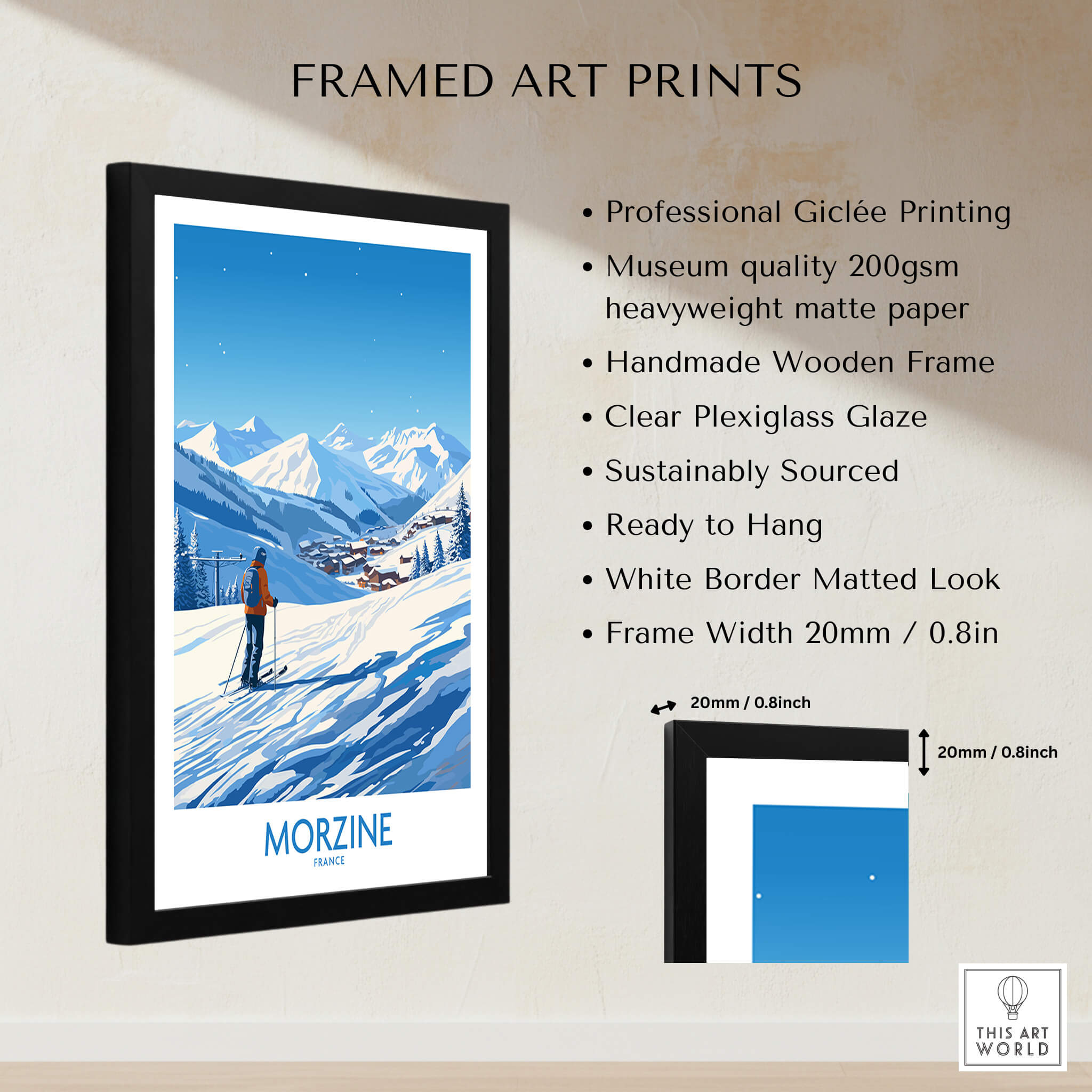 Morzine Wall Art featuring framed Giclée print of snowy ski slopes in Morzine, perfect for adventure-inspired home decor.